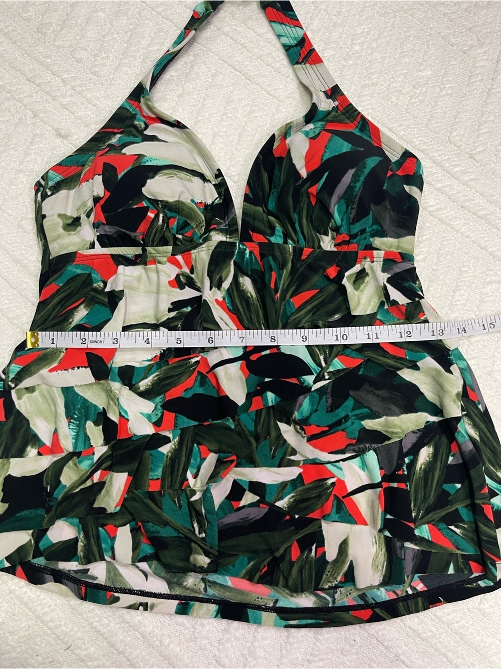 Aqua Green Black Tropical Print Swim Top with Green & Red - Picture 8 of 12